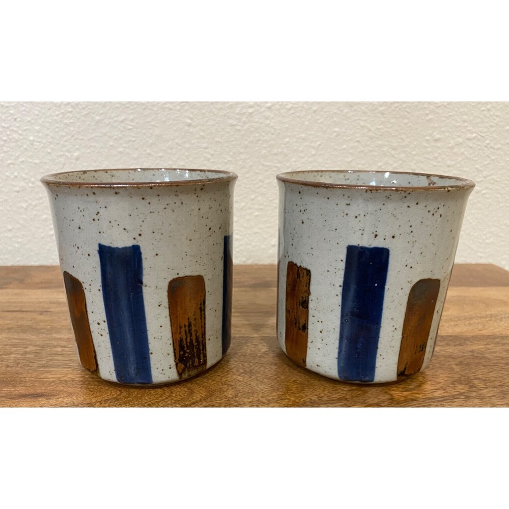 Vintage 70s MCM Coffee Mugs Glazed Beige Brown & Blue Stripes Shimmer Speckled - Picture 2 of 7